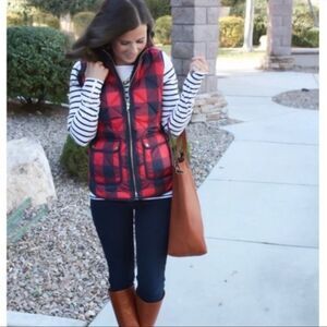 J. Crew red and navy blue plaid puffer down vest with deep pockets